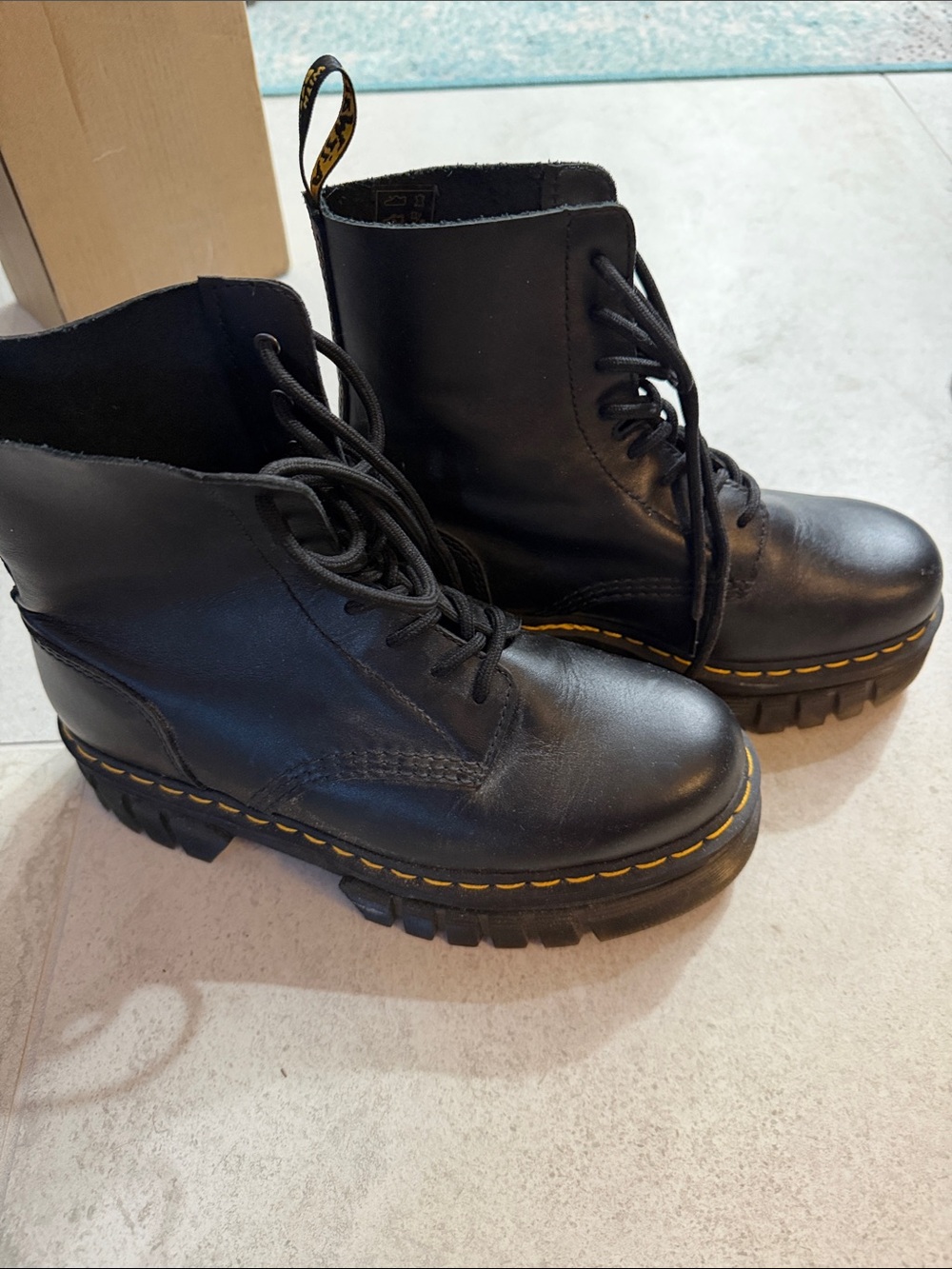 Dr. Martens Black Leather Lace-Up Platform Boots with Yellow Stitching